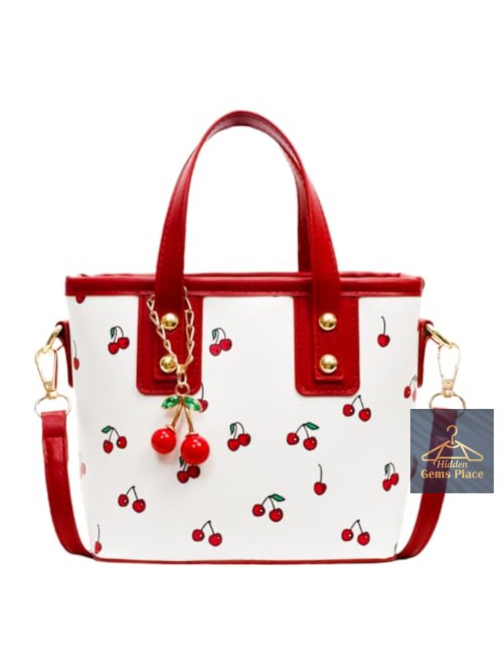 Cherry Faux Leather Bucket Bag - Cute Y2K Shoulder Purse with Top Handle & Gold